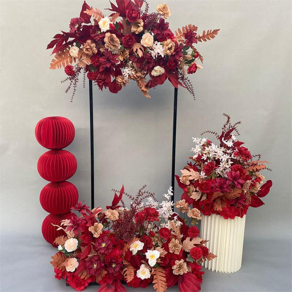 Wedding props party decoration  arrangement with red Chinese style engagement banquet decoration. wedding hall stage. guiding flowers. wedding silk flower arrangement. simulated flowers