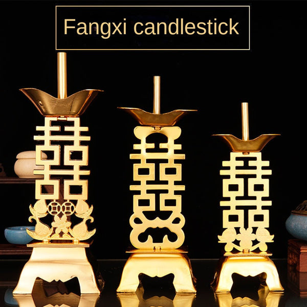 Wedding props party decoration  A pair of copper alloy candle holders for household use. with a base for worshipping gods in Chaoshan. offering wedding and double happiness candle holders